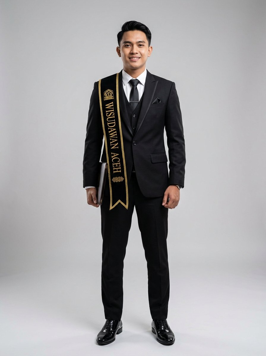 Male model wearing complete three-piece black formal graduation suit with embroidered sash and Oxford shoes